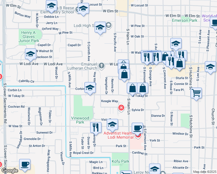 map of restaurants, bars, coffee shops, grocery stores, and more near 610 Hampton Drive in Lodi