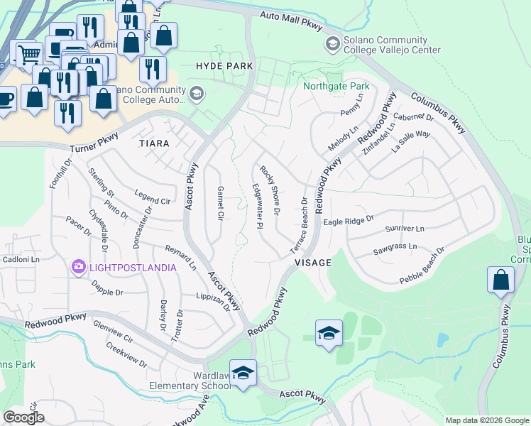 map of restaurants, bars, coffee shops, grocery stores, and more near 3649 Rocky Shore Drive in Vallejo