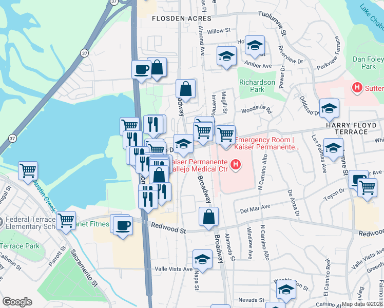 map of restaurants, bars, coffee shops, grocery stores, and more near 579 Couch Street in Vallejo