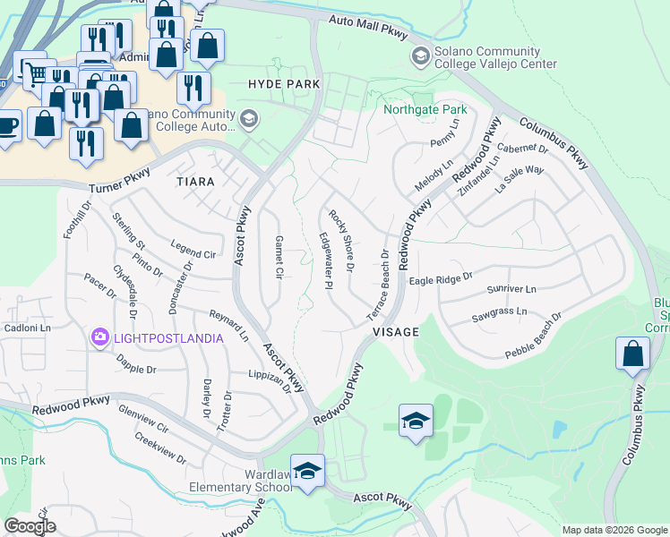 map of restaurants, bars, coffee shops, grocery stores, and more near 3649 Rocky Shore Drive in Vallejo