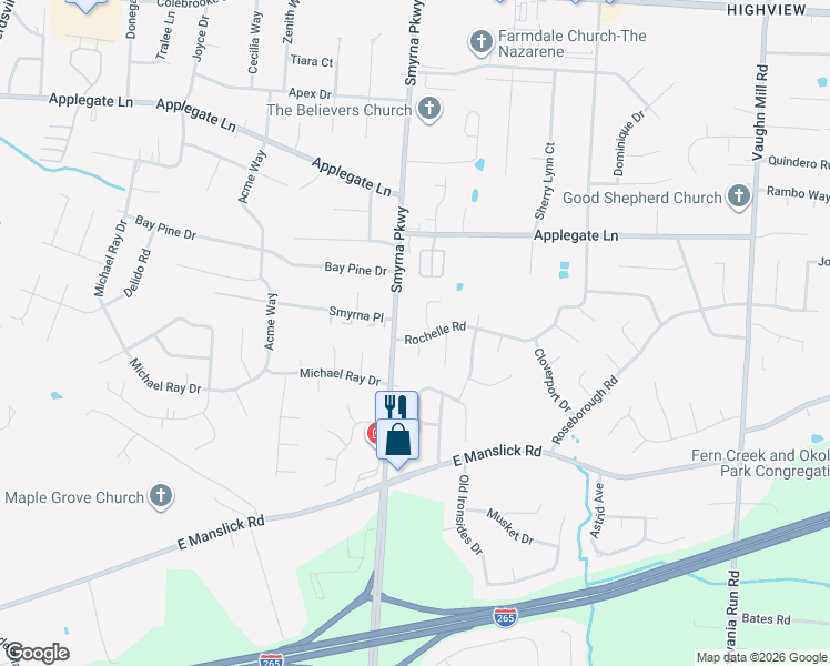 map of restaurants, bars, coffee shops, grocery stores, and more near 8223 Rochelle Road in Louisville