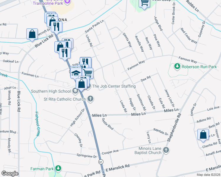 map of restaurants, bars, coffee shops, grocery stores, and more near 8510 Linda Road in Louisville