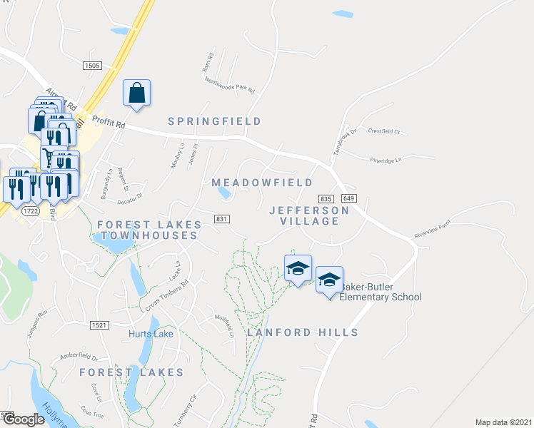 map of restaurants, bars, coffee shops, grocery stores, and more near 3311 Meadowfield Lane in Charlottesville