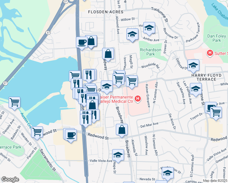 map of restaurants, bars, coffee shops, grocery stores, and more near 1690 Broadway Street in Vallejo