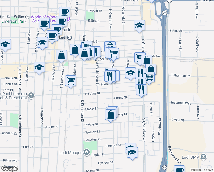 map of restaurants, bars, coffee shops, grocery stores, and more near 333 East Tokay Street in Lodi