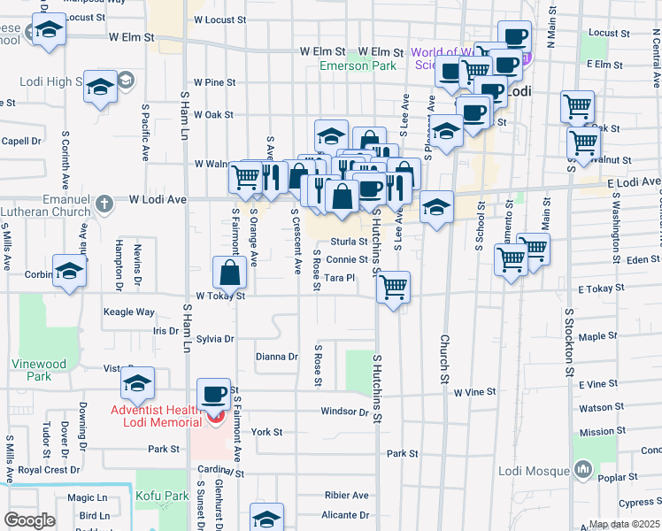 map of restaurants, bars, coffee shops, grocery stores, and more near 548 Tara Place in Lodi