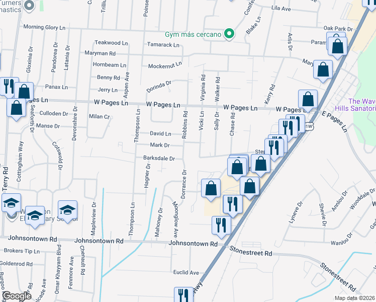 map of restaurants, bars, coffee shops, grocery stores, and more near 8630 Vicki Lane in Louisville