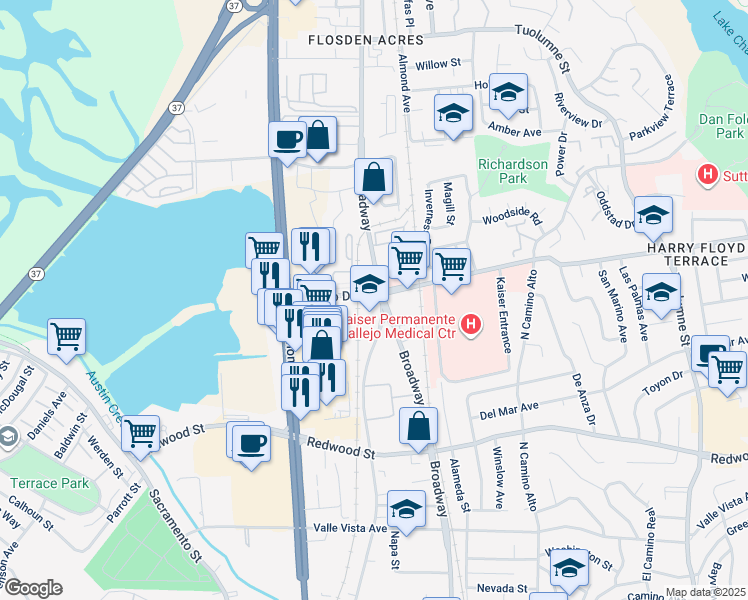 map of restaurants, bars, coffee shops, grocery stores, and more near in Vallejo