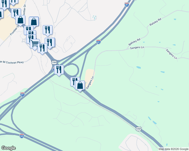 map of restaurants, bars, coffee shops, grocery stores, and more near 85 Sangers Lane in Staunton