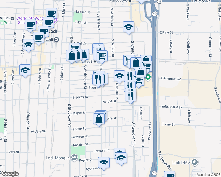 map of restaurants, bars, coffee shops, grocery stores, and more near 415 East Tokay Street in Lodi