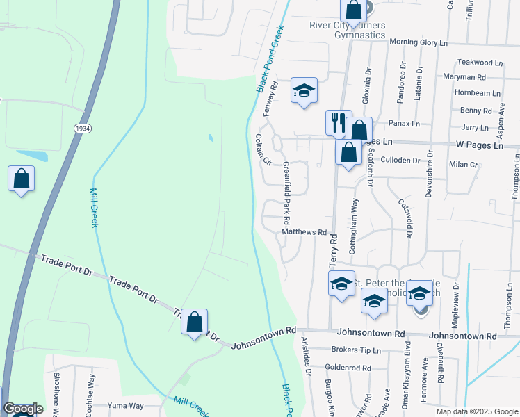 map of restaurants, bars, coffee shops, grocery stores, and more near 6719 Currington Circle in Louisville