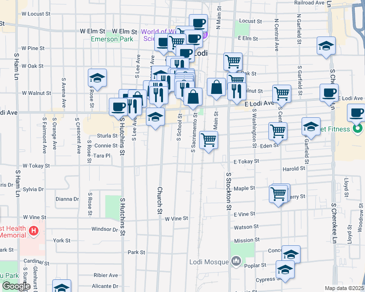 map of restaurants, bars, coffee shops, grocery stores, and more near 513 South Sacramento Street in Lodi