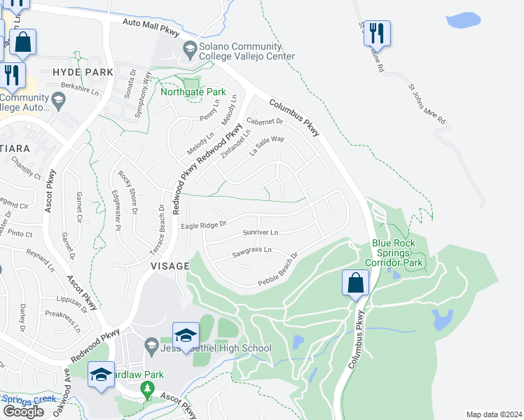 map of restaurants, bars, coffee shops, grocery stores, and more near 6440 Eagle Ridge Drive in Vallejo