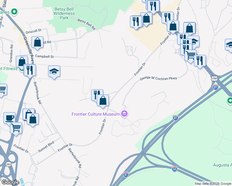 map of restaurants, bars, coffee shops, grocery stores, and more near 101 Red Oaks Drive in Staunton