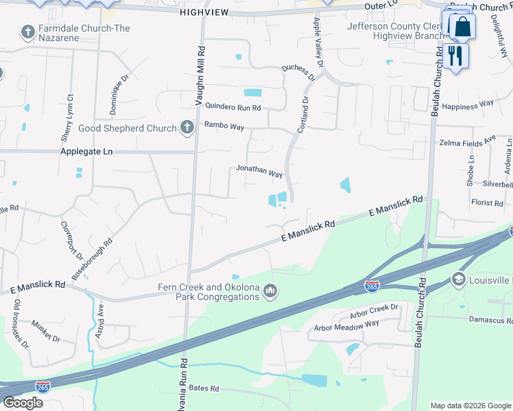map of restaurants, bars, coffee shops, grocery stores, and more near 7406 Beauty Court in Louisville