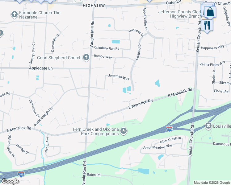 map of restaurants, bars, coffee shops, grocery stores, and more near 8208 Rome Beauty Way in Louisville