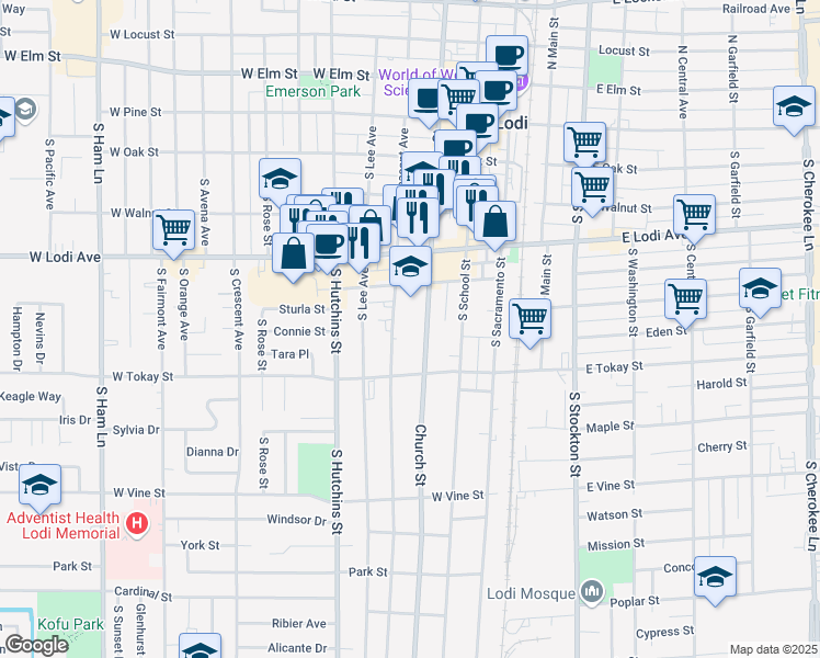 map of restaurants, bars, coffee shops, grocery stores, and more near 420 South Pleasant Avenue in Lodi