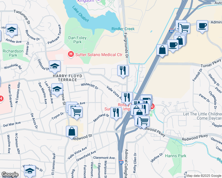 map of restaurants, bars, coffee shops, grocery stores, and more near 1901 Sereno Drive in Vallejo