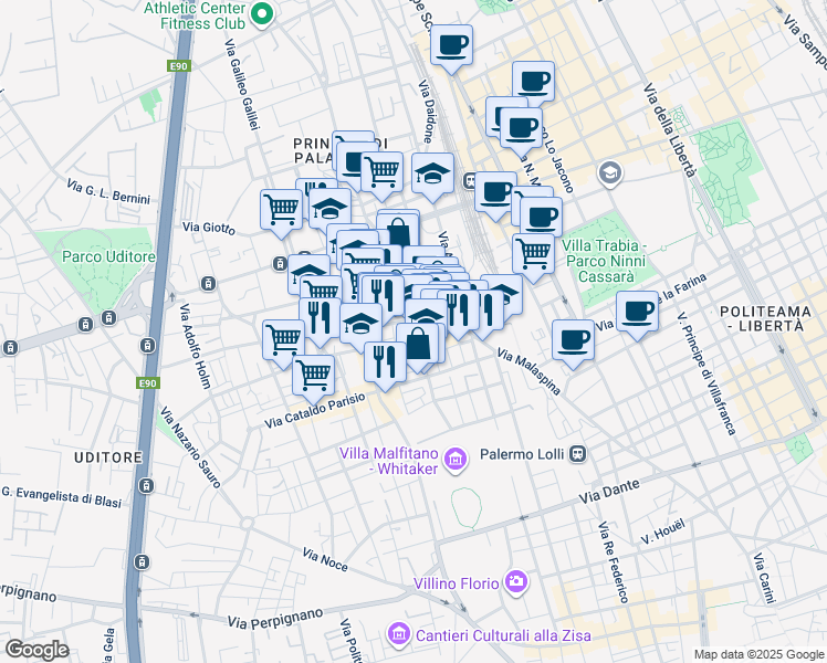 map of restaurants, bars, coffee shops, grocery stores, and more near 21 Via Enrico Bevignani in Palermo