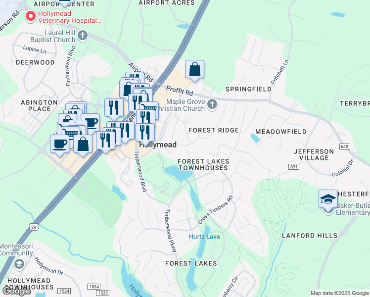 map of restaurants, bars, coffee shops, grocery stores, and more near 1446 Decatur Drive in Charlottesville