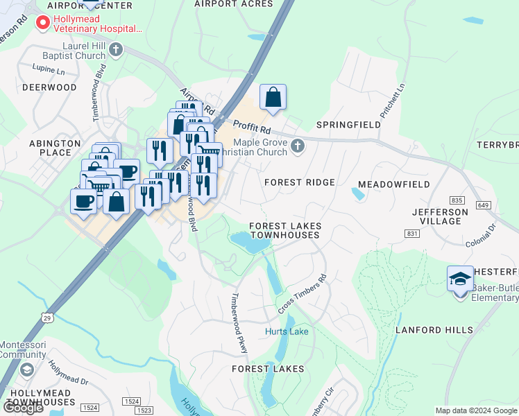 map of restaurants, bars, coffee shops, grocery stores, and more near 1446 Decatur Drive in Charlottesville