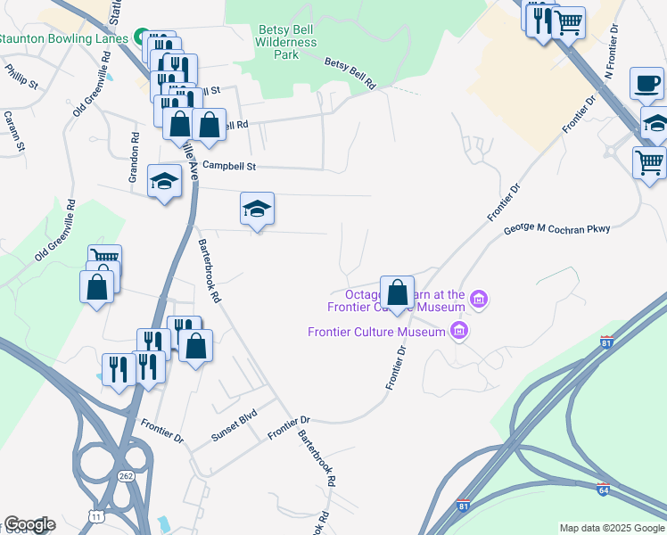 map of restaurants, bars, coffee shops, grocery stores, and more near 7 Oak View Drive in Staunton