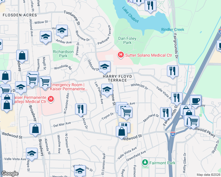 map of restaurants, bars, coffee shops, grocery stores, and more near 16 La Cienega Place in Vallejo