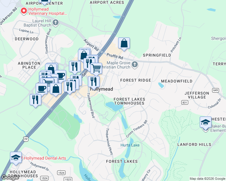 map of restaurants, bars, coffee shops, grocery stores, and more near 1423 Decatur Drive in Charlottesville