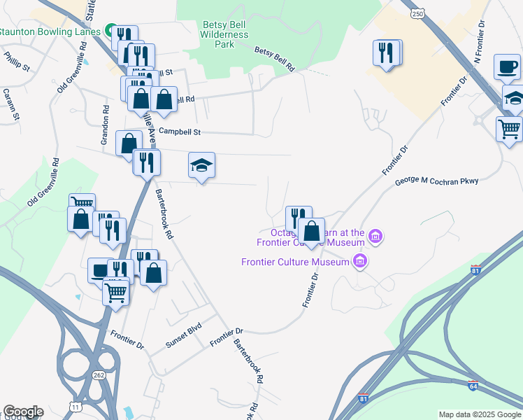 map of restaurants, bars, coffee shops, grocery stores, and more near 7 Oak View Drive in Staunton