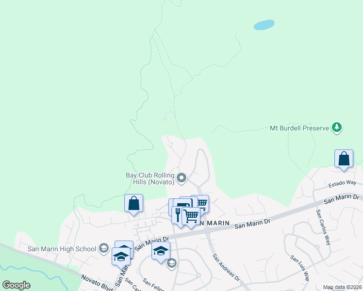 map of restaurants, bars, coffee shops, grocery stores, and more near 118 La Merida Court in Novato