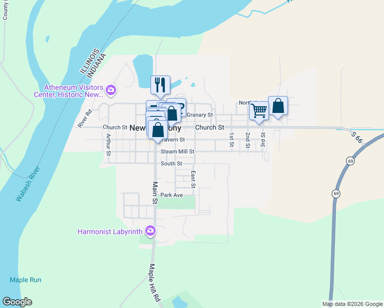 map of restaurants, bars, coffee shops, grocery stores, and more near East St in New Harmony