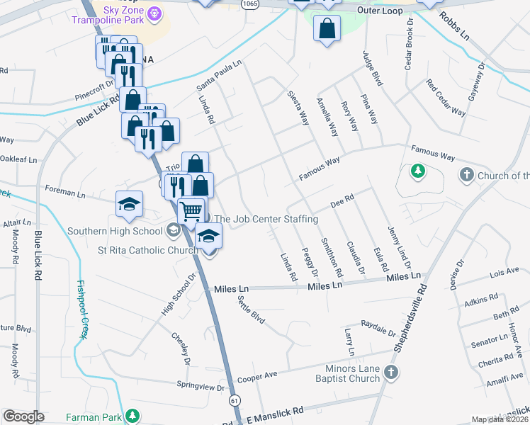 map of restaurants, bars, coffee shops, grocery stores, and more near 8416 Lou Court in Louisville