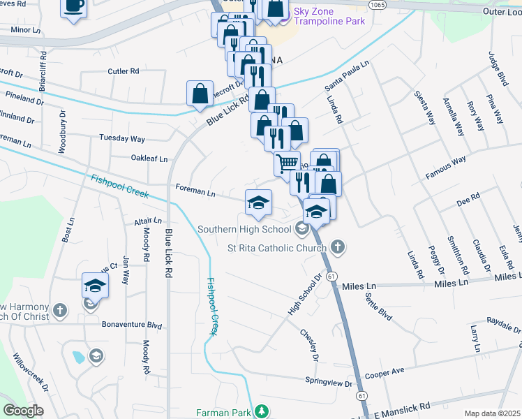 map of restaurants, bars, coffee shops, grocery stores, and more near 4117 Foreman Lane in Louisville