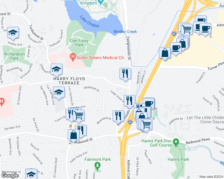 map of restaurants, bars, coffee shops, grocery stores, and more near 1488 Valle Vista Avenue in Vallejo