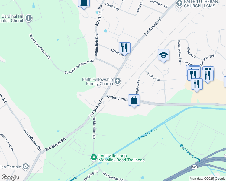 map of restaurants, bars, coffee shops, grocery stores, and more near 7945 3rd Street Road in Louisville