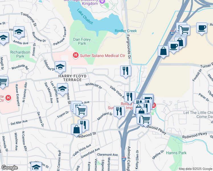 map of restaurants, bars, coffee shops, grocery stores, and more near 1473 Valle Vista Avenue in Vallejo