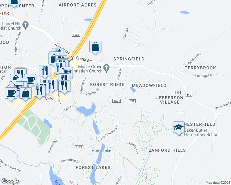 map of restaurants, bars, coffee shops, grocery stores, and more near 3342 Arbor Terrace in Charlottesville