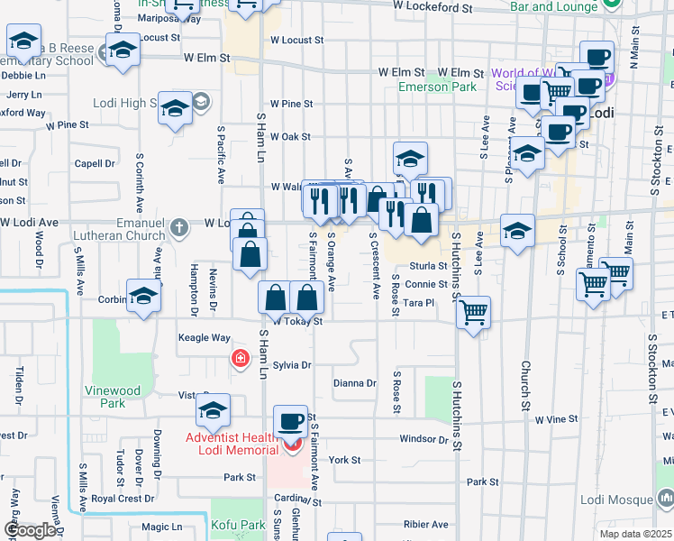 map of restaurants, bars, coffee shops, grocery stores, and more near 410 South Orange Avenue in Lodi