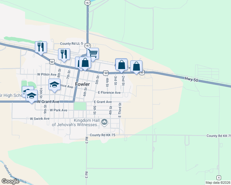 map of restaurants, bars, coffee shops, grocery stores, and more near 398 3rd St in Fowler
