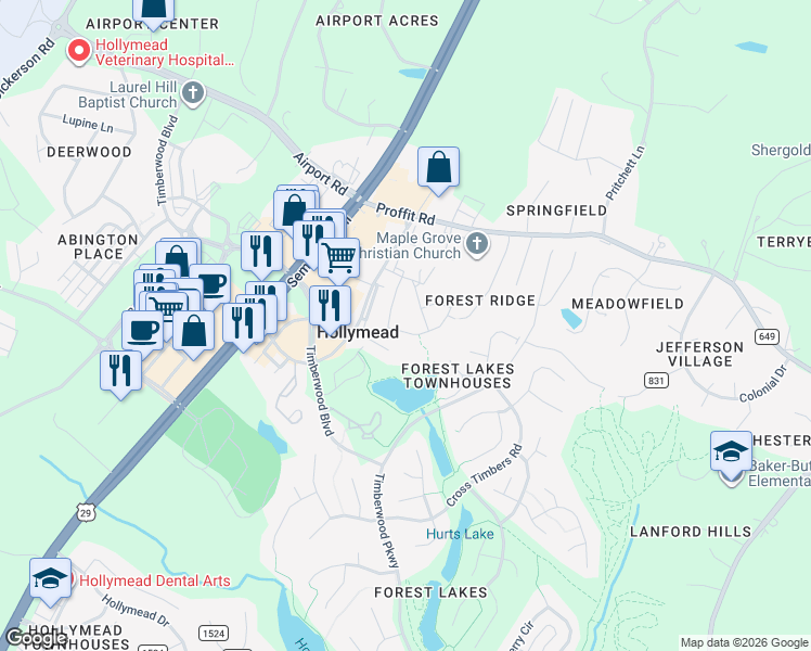 map of restaurants, bars, coffee shops, grocery stores, and more near 1423 Decatur Drive in Charlottesville