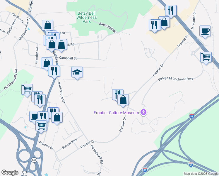 map of restaurants, bars, coffee shops, grocery stores, and more near 126 Red Oaks Drive in Staunton
