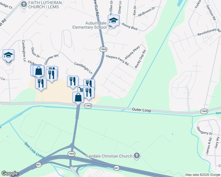 map of restaurants, bars, coffee shops, grocery stores, and more near 219 Appomattox Road in Louisville