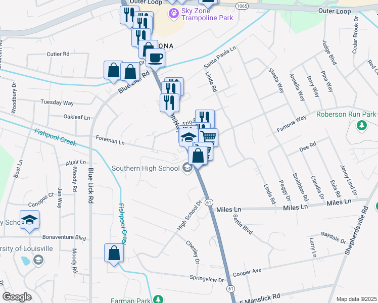 map of restaurants, bars, coffee shops, grocery stores, and more near 8601 Preston Highway in Louisville