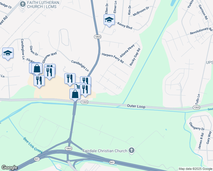 map of restaurants, bars, coffee shops, grocery stores, and more near 219 Appomattox Road in Louisville
