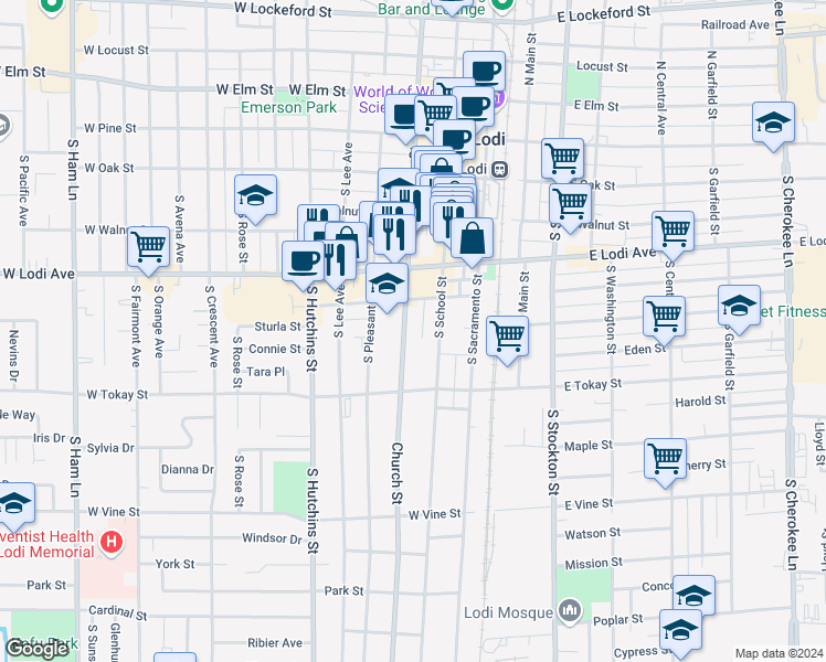 map of restaurants, bars, coffee shops, grocery stores, and more near 422 Church Street in Lodi