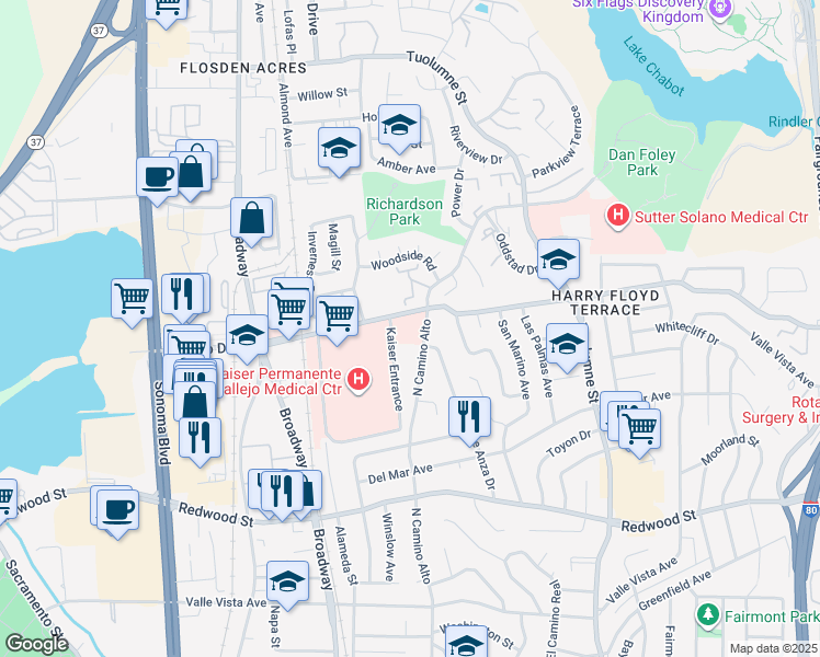 map of restaurants, bars, coffee shops, grocery stores, and more near 900 Sereno Drive in Vallejo