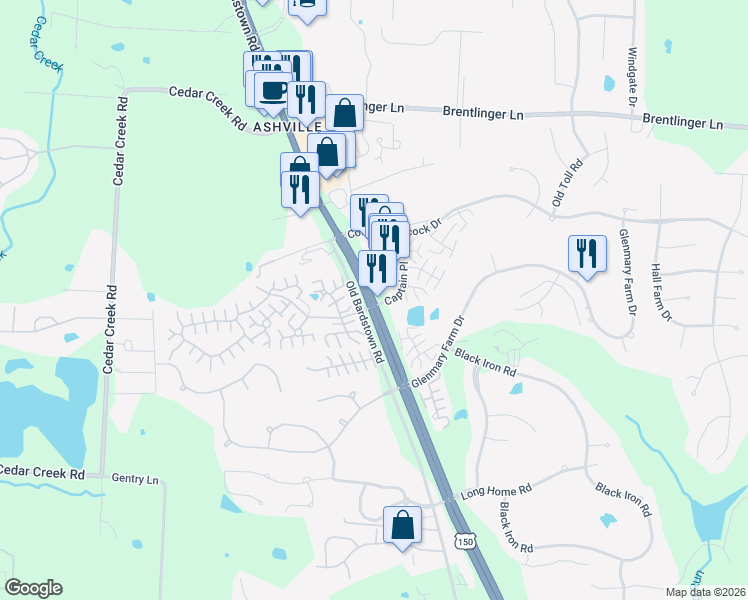 map of restaurants, bars, coffee shops, grocery stores, and more near 8623 Summertree Lane in Louisville