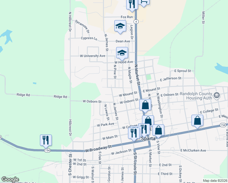 map of restaurants, bars, coffee shops, grocery stores, and more near 206 West Madison Street in Sparta