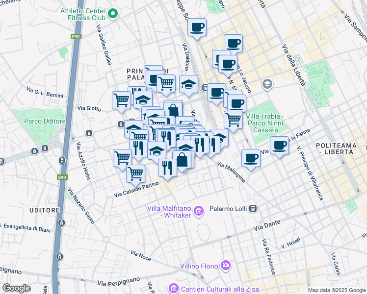 map of restaurants, bars, coffee shops, grocery stores, and more near 1-21 Via Enrico Bevignani in Palermo