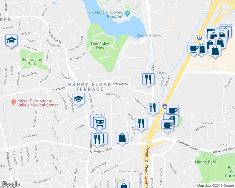 map of restaurants, bars, coffee shops, grocery stores, and more near 306 Whitecliff Drive in Vallejo